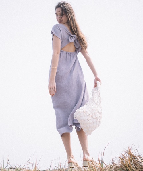 CAMILLE EAU（カミーユオー）の「バックリボンガーゼタッチワンピース（ワンピース・レディース・ブルー/ラベンダー/チェック・MEDIUM）」の8枚目の写真