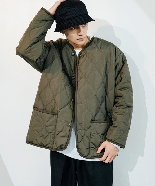 Ressaca（レサーカ）の「オーバーサイズ ノーカラー ミリタリー中綿キルティングジャケット フェイクレザー / コーデュロイ / ポリ（ダウンジャケット/コート・メンズ・ブラック/ベージュ/オフホワイト/オリーブ/ブラック系・M/L/XL）」の5枚目の写真