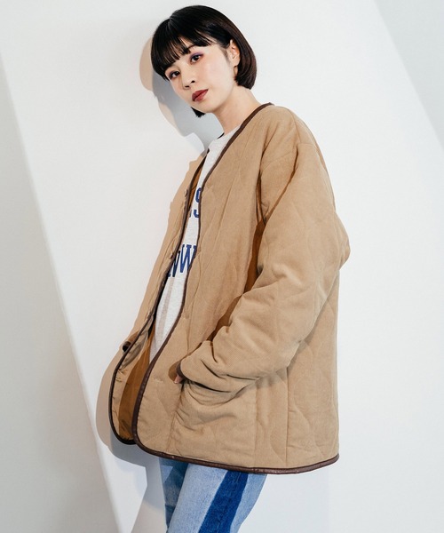 Ressaca（レサーカ）の「オーバーサイズ ノーカラー ミリタリー中綿キルティングジャケット フェイクレザー / コーデュロイ / ポリ（ダウンジャケット/コート・メンズ・ブラック/ベージュ/オフホワイト/オリーブ/ブラック系・M/L/XL）」の9枚目の写真