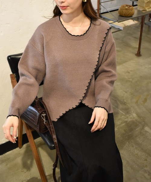 solleim(ソルレム)の「ハンドステッチ配色スカラップニット(ニット/セーター・レディース・ブラック/ブラウン/オフホワイト・M)」の3枚目の写真