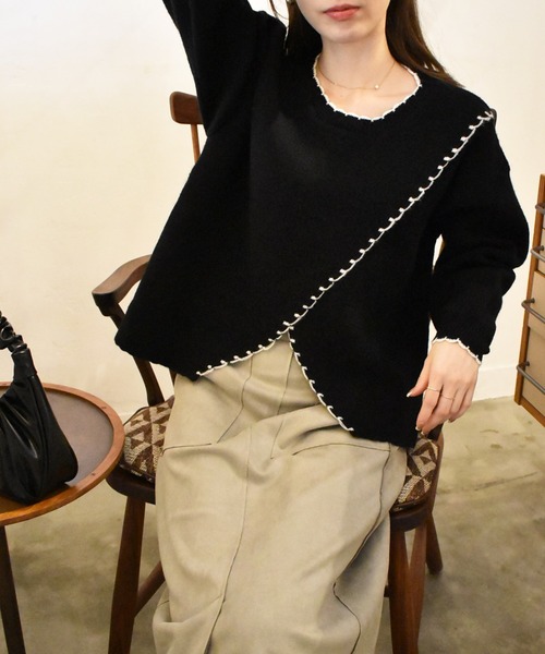 solleim(ソルレム)の「ハンドステッチ配色スカラップニット(ニット/セーター・レディース・ブラック/ブラウン/オフホワイト・M)」の1枚目の写真
