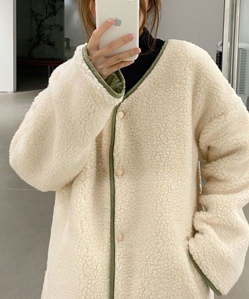 meJane(ミージェーン)の「パイピングノーカラーボアコート【ZOZOTOWN限定】(その他アウター・レディース・ホワイト×ブラック/ブラック系その他/カーキ系・FREE)」の13枚目の写真