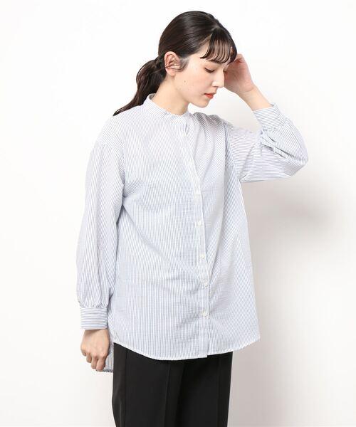Lugnoncure(ルノンキュール)の「コットンタッチノーカラーシャツ(シャツ/ブラウス・レディース・ネイビー/オフホワイト/ブルー・フリ-)」の7枚目の写真