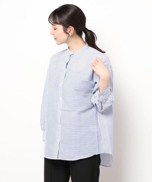 Lugnoncure(ルノンキュール)の「コットンタッチノーカラーシャツ(シャツ/ブラウス・レディース・ネイビー/オフホワイト/ブルー・フリ-)」の8枚目の写真