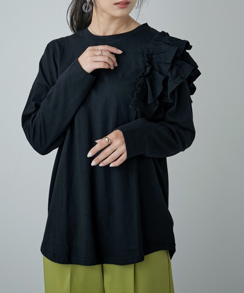 Fashion Letter(ファッションレター)の「フリルショルダーカットソー(Tシャツ/カットソー・レディース・オフホワイト/ライトベージュ/ブラック/カーキ・M~L/LL~3L/4L~5L)」の3枚目の写真