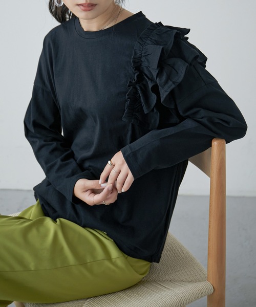 Fashion Letter(ファッションレター)の「フリルショルダーカットソー(Tシャツ/カットソー・レディース・オフホワイト/ライトベージュ/ブラック/カーキ・M~L/LL~3L/4L~5L)」の12枚目の写真