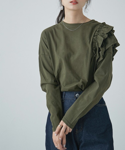 Fashion Letter(ファッションレター)の「フリルショルダーカットソー(Tシャツ/カットソー・レディース・オフホワイト/ライトベージュ/ブラック/カーキ・M~L/LL~3L/4L~5L)」の16枚目の写真