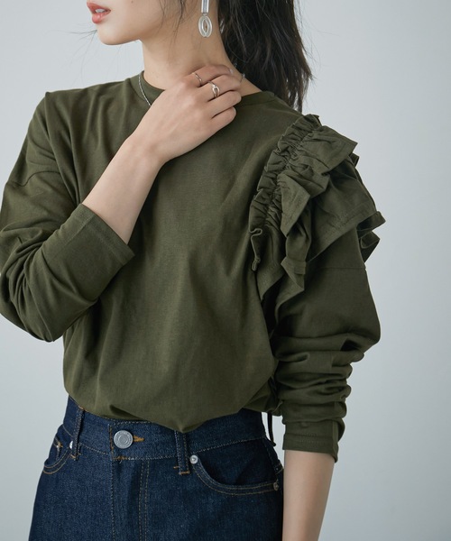 Fashion Letter(ファッションレター)の「フリルショルダーカットソー(Tシャツ/カットソー・レディース・オフホワイト/ライトベージュ/ブラック/カーキ・M~L/LL~3L/4L~5L)」の17枚目の写真
