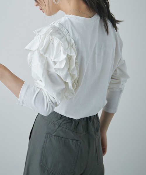 Fashion Letter(ファッションレター)の「フリルショルダーカットソー(Tシャツ/カットソー・レディース・オフホワイト/ライトベージュ/ブラック/カーキ・M~L/LL~3L/4L~5L)」の7枚目の写真
