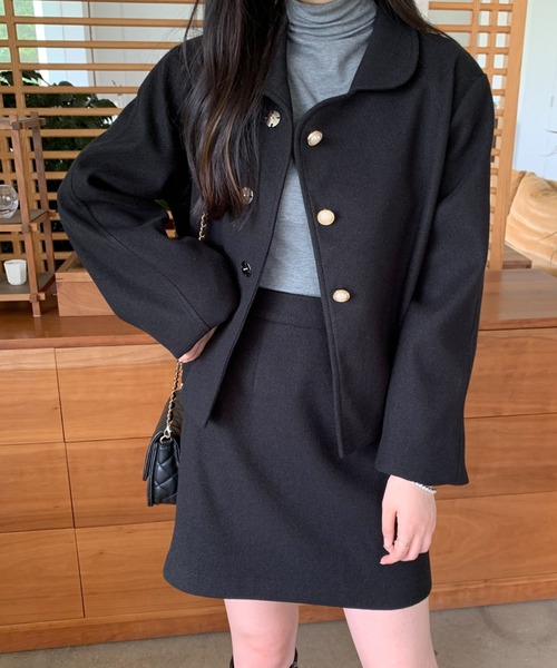 AVIE ブラック ショートスリーブコート coat-13008 ストール付き ウール ショートコート モカ ブラック