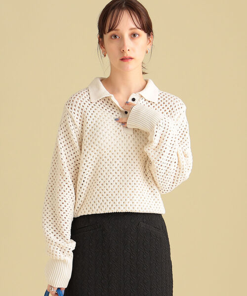 Ray BEAMS(レイビームス)の「Ray BEAMS / メッシュアミ ポロ ニット(ニット/セーター・レディース・ホワイト/レッド系その他・ONE SIZE)」の5枚目の写真