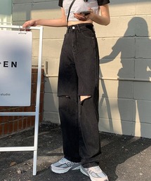 【URGE:】ハイウエスト ダメージ デニムパンツ