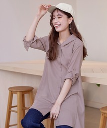 麻調パーカーチュニックブラウス