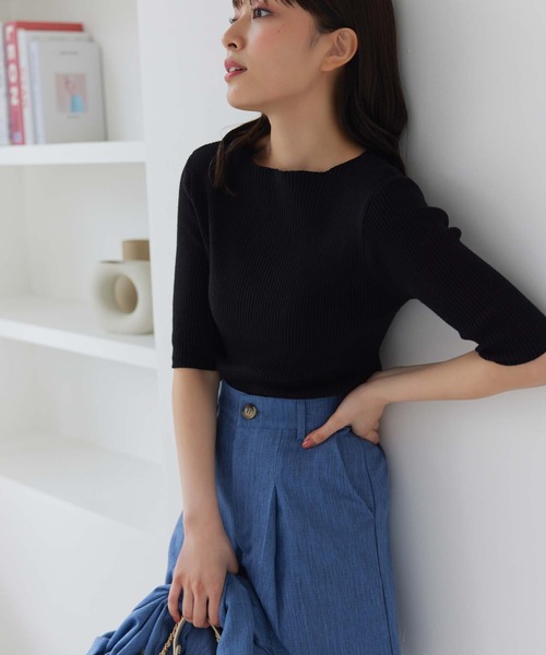 Edit Sheen（エディットシーン）の「5分袖ボートネックリブニット（ニット/セーター・レディース・ホワイト/ブルー/ブラック/ホワイト×ブラック・M）」の11枚目の写真