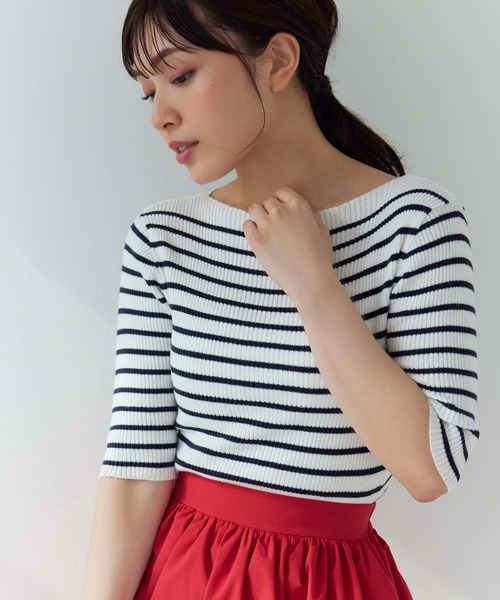 Edit Sheen（エディットシーン）の「5分袖ボートネックリブニット（ニット/セーター・レディース・ホワイト/ブルー/ブラック/ホワイト×ブラック・M）」の16枚目の写真