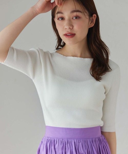 【新品未使用】Reflect ボートネックニット　半袖 ブルー セール】 【春SALE／手洗い可／レイヤードにもおすすめ】プチ