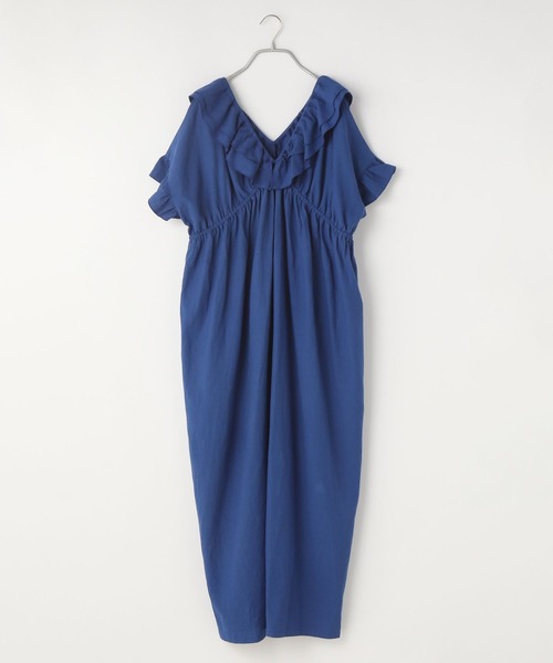 yuw（ユウ）の「Ｖネックフリルワンピースショートスリーブ　904883（ワンピース・レディース・ブラック/ブルー・FREE）」の4枚目の写真