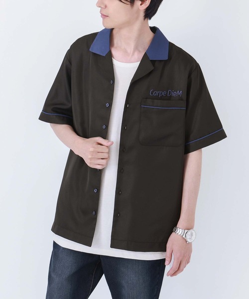 n'OrLABEL(ノアールレーベル)の「『刺繍ロゴ配色ボウリングシャツ』(シャツ/ブラウス・メンズ・ブラック/ベージュ・2/3)」の1枚目の写真