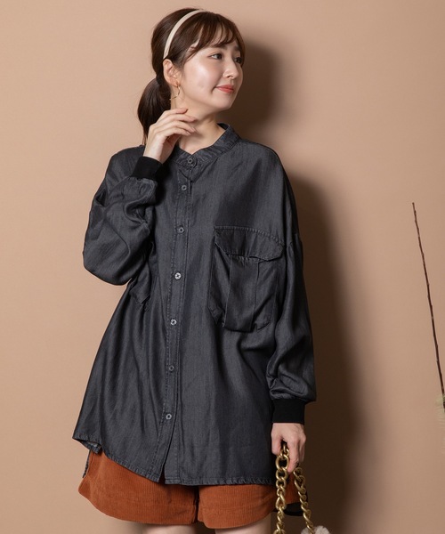ブラウス シャツ テンセルデニム 袖リブ ビックシャツ レディース ブラウス シャツ テンセルデニム 袖リブ ビックシャツ