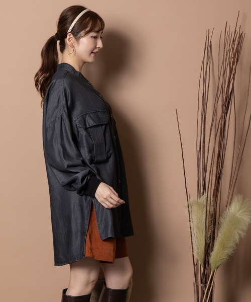 ブラウス シャツ テンセルデニム 袖リブ ビックシャツ レディース ブラウス シャツ テンセルデニム 袖リブ ビックシャツ