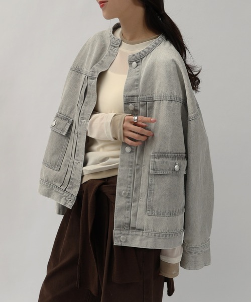 セール】【新色追加】オーバーサイズノーカラーデニムツイルジャケット