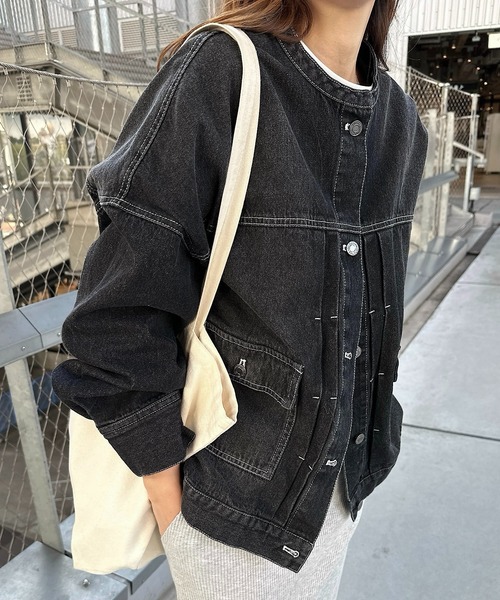 【新色追加】オーバーサイズノーカラーデニムツイルジャケット(デニムジャケット)|andme(アンドミー)