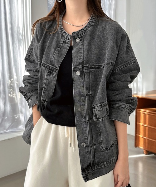 【新色追加】オーバーサイズノーカラーデニムツイルジャケット(デニムジャケット)|andme(アンドミー)