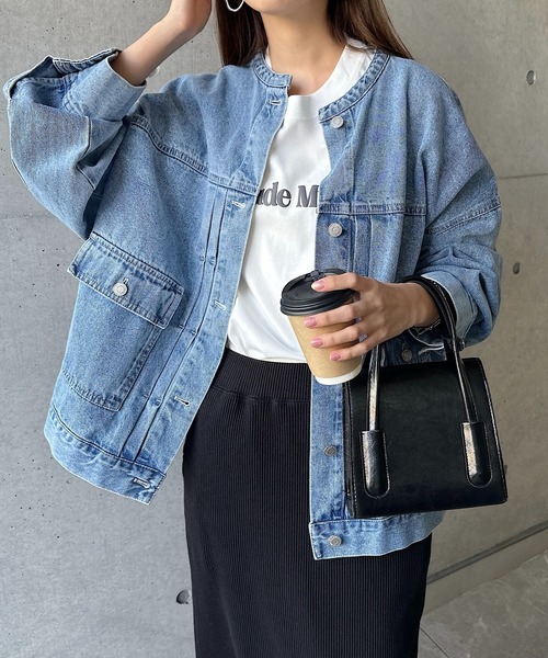 【新色追加】オーバーサイズノーカラーデニムツイルジャケット(デニムジャケット)|andme(アンドミー)