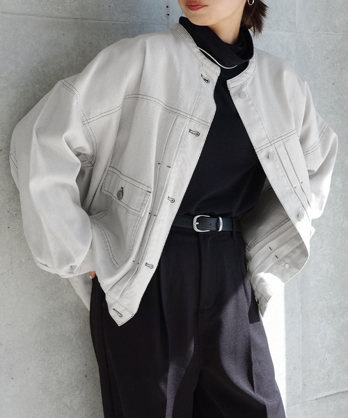 【新色追加】オーバーサイズノーカラーデニムツイルジャケット(デニムジャケット)|andme(アンドミー)