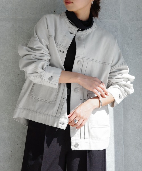 セール】オーバーサイズノーカラーデニムツイルジャケット（デニム