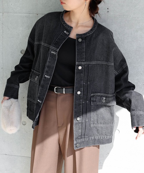セール】【新色追加】オーバーサイズノーカラーデニムツイルジャケット