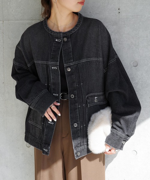 【新色追加】オーバーサイズノーカラーデニムツイルジャケット(デニムジャケット)|andme(アンドミー)