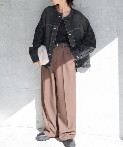 【新色追加】オーバーサイズノーカラーデニムツイルジャケット(デニムジャケット)|andme(アンドミー)