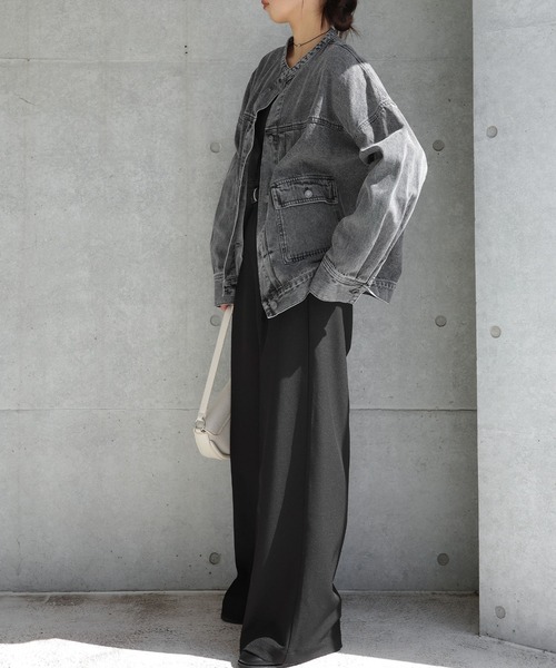 【新色追加】オーバーサイズノーカラーデニムツイルジャケット(デニムジャケット)|andme(アンドミー)