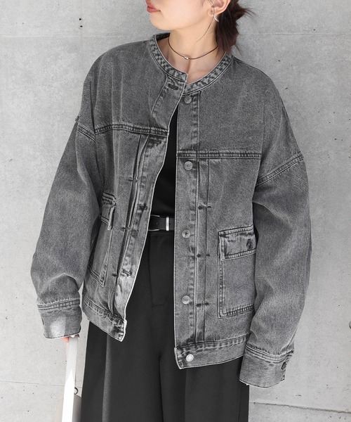 【新色追加】オーバーサイズノーカラーデニムツイルジャケット(デニムジャケット)|andme(アンドミー)