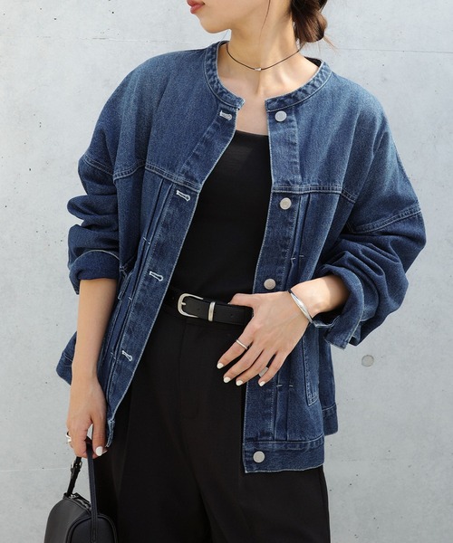 【新色追加】オーバーサイズノーカラーデニムツイルジャケット(デニムジャケット)|andme(アンドミー)
