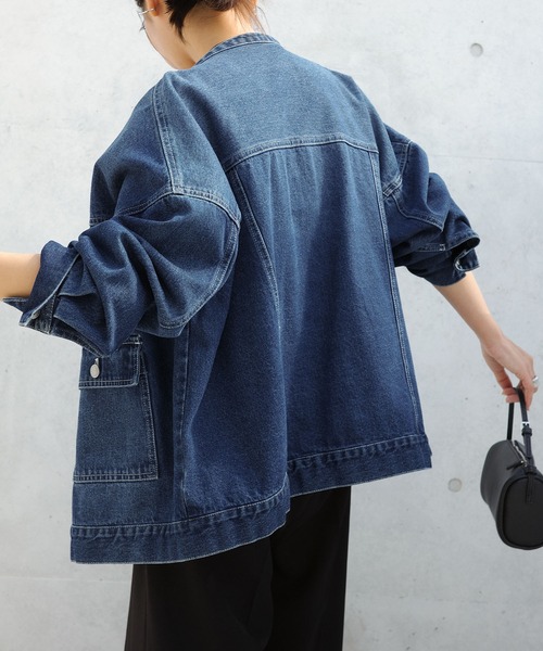 セール】オーバーサイズノーカラーデニムツイルジャケット