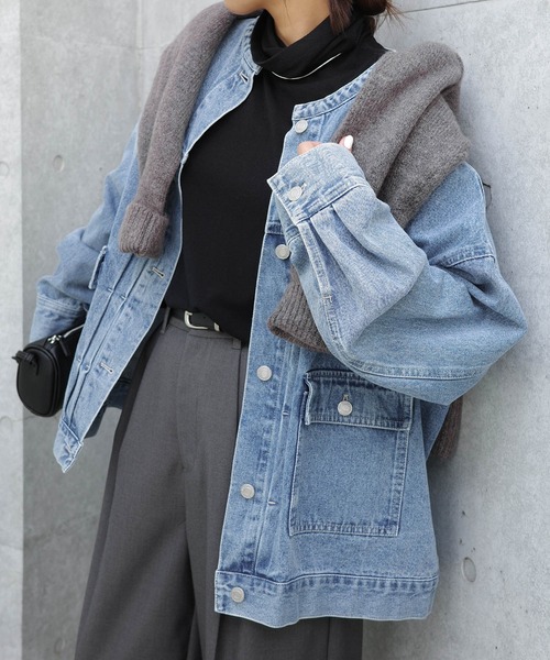 新色追加】オーバーサイズノーカラーデニムツイルジャケット（デニム