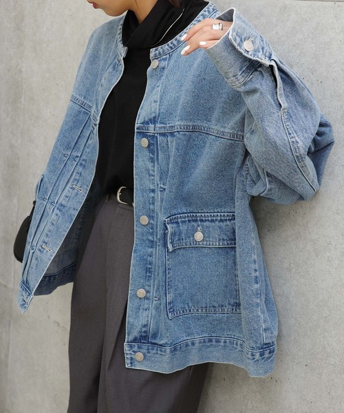 【新色追加】オーバーサイズノーカラーデニムツイルジャケット(デニムジャケット)|andme(アンドミー)