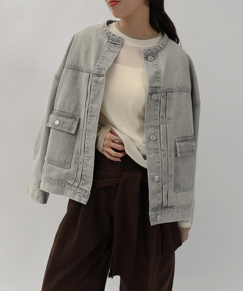 セール】【新色追加】オーバーサイズノーカラーデニムツイルジャケット