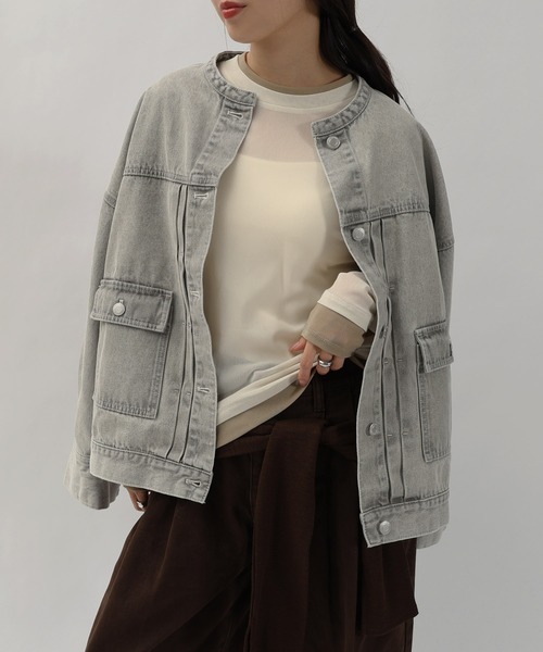 Sereno様　クレージュ　【M】 ノーカラーデニムジャケット　シルバーボタン Sereno様 クレージュ 【M】 ノーカラーデニムジャケット シルバー