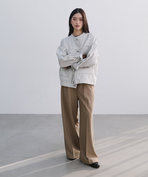 【新色追加】オーバーサイズノーカラーデニムツイルジャケット(デニムジャケット)|andme(アンドミー)