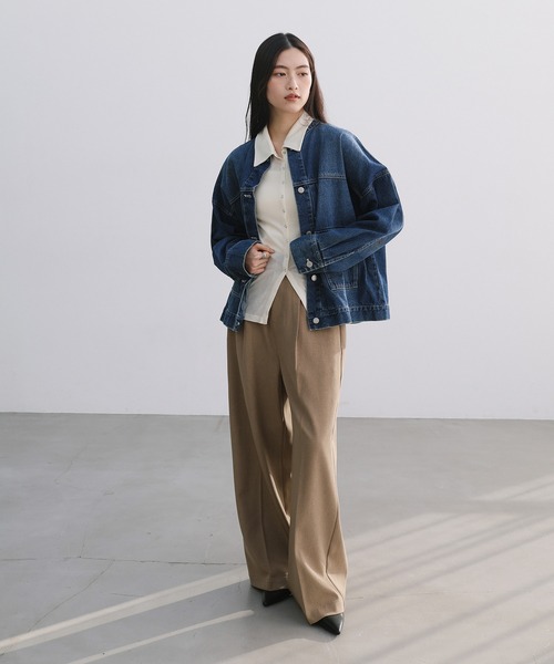 【新色追加】オーバーサイズノーカラーデニムツイルジャケット(デニムジャケット)|andme(アンドミー)