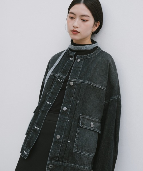 【新色追加】オーバーサイズノーカラーデニムツイルジャケット(デニムジャケット)|andme(アンドミー)