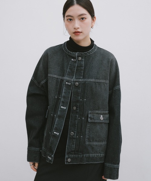 【新色追加】オーバーサイズノーカラーデニムツイルジャケット(デニムジャケット)|andme(アンドミー)