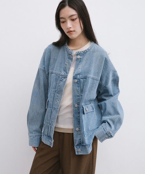 【新色追加】オーバーサイズノーカラーデニムツイルジャケット(デニムジャケット)|andme(アンドミー)