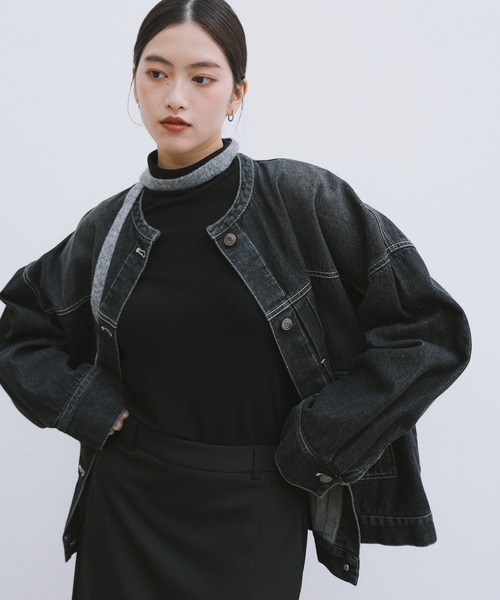 【新色追加】オーバーサイズノーカラーデニムツイルジャケット(デニムジャケット)|andme(アンドミー)