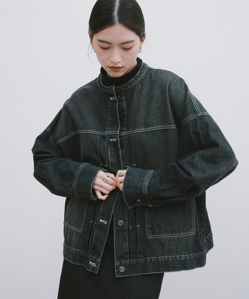 セール】【新色追加】オーバーサイズノーカラーデニムツイルジャケット