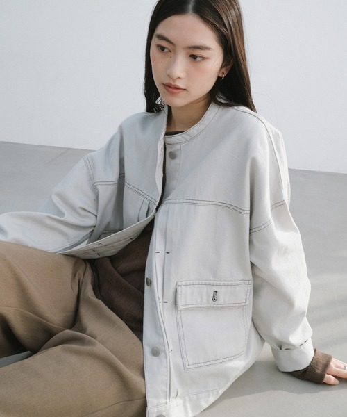 【新色追加】オーバーサイズノーカラーデニムツイルジャケット(デニムジャケット)|andme(アンドミー)