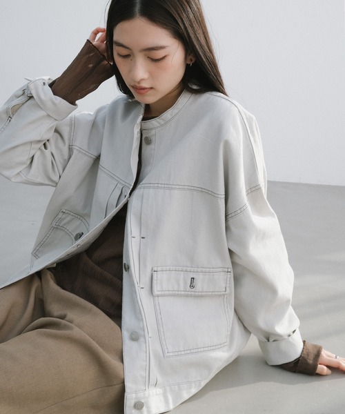 【新色追加】オーバーサイズノーカラーデニムツイルジャケット(デニムジャケット)|andme(アンドミー)